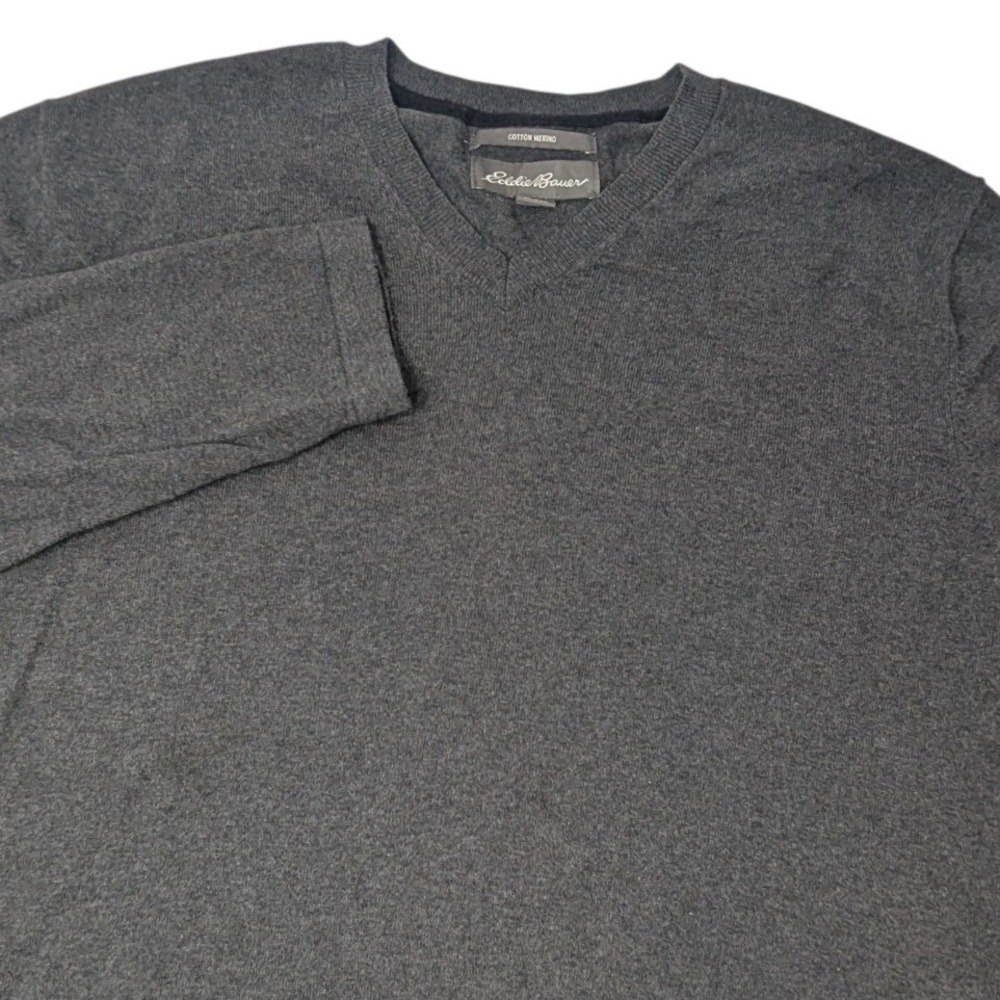 Eddie Bauer Mens TXL Charcoal Gray Cotton Merino Wool V-Neck Sweater Tall XL - Picture 1 of 11